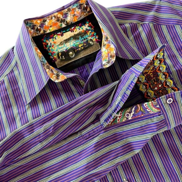 Robert Graham Purple Striped Cotton Long Sleeve Whimsical Button Down XL LSU - Picture 1 of 9